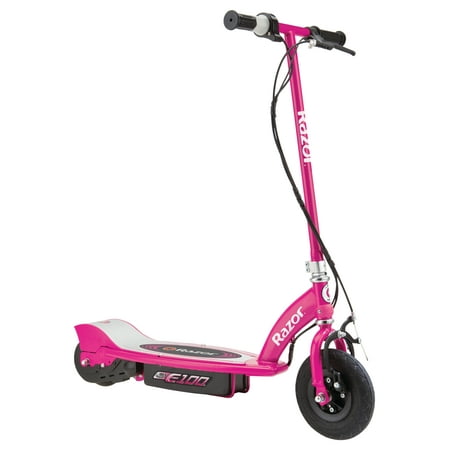Razor E100 Electric Scooter - Pink, for Kids Ages 8+ and up to 120 lbs, 8u0022 Pneumatic Front Tire, 100W Chain Motor, Up to 10 mph & Up to 40 mins of Ride Time, 24V Sealed Lead-Acid Battery