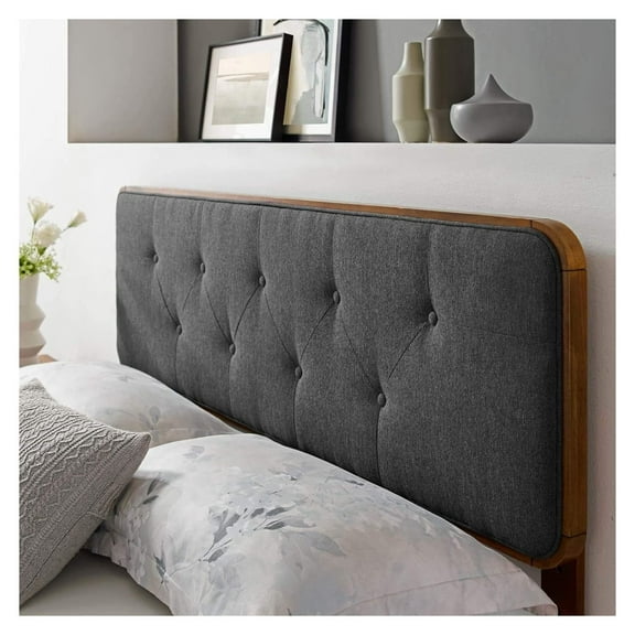 Collins Tufted Twin Fabric and Wood Headboard in Walnut Charcoal - Upholstered Bed Frame Accent with Button Tufting