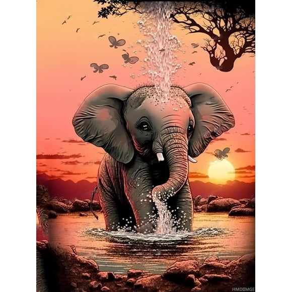 Sunset Elephant Diamond Painting Kit — Cartoon Animal Diamond Art, 5D Full Round Crystal Drill Art Kit (For Adults) — Ideal for Home Decor, Club Decoration, or Gifting — 12x16 Inches (Unframed)