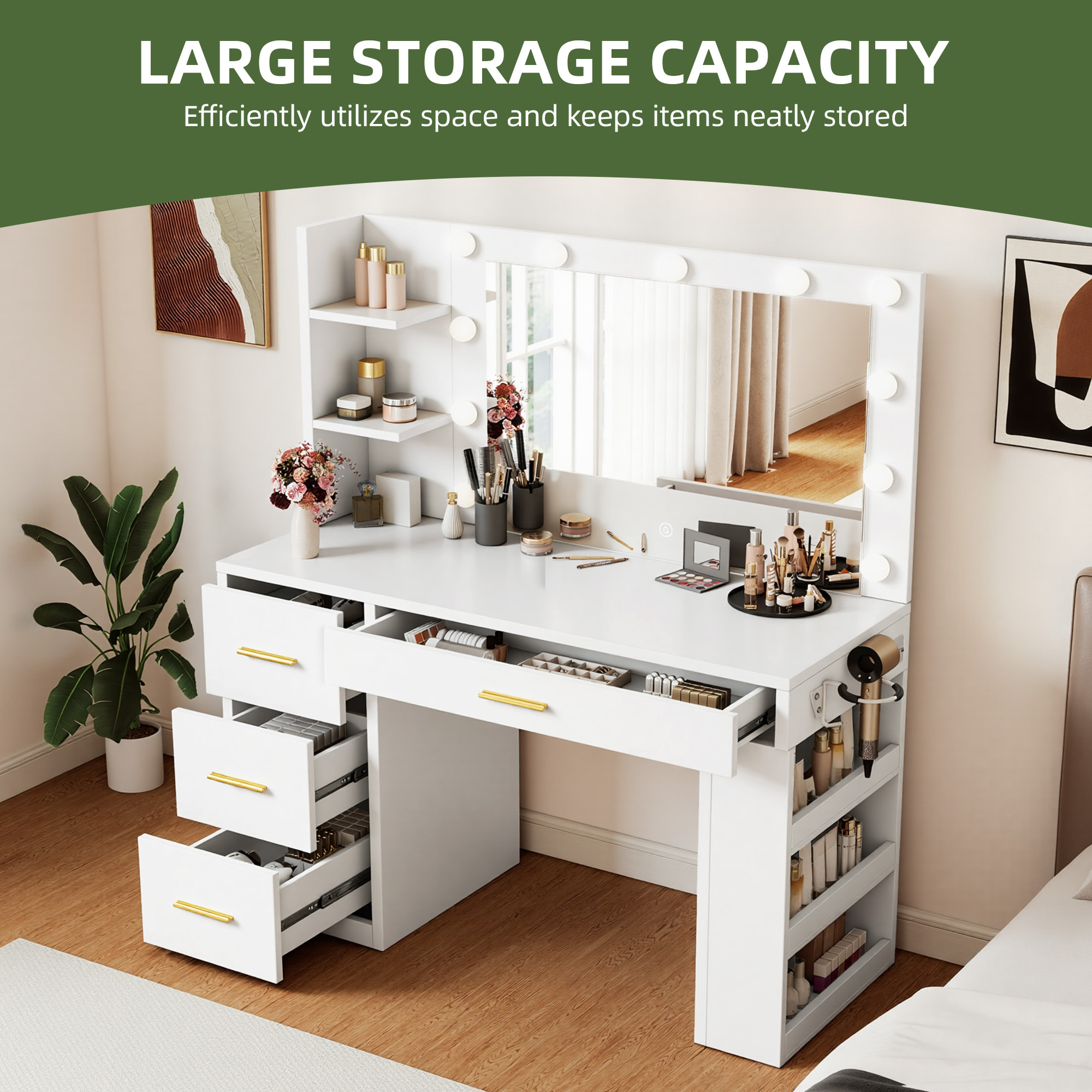 Uforic 39.5" White Farmhouse Vanity Desk with Dimmable LED Mirror, 4 Drawers, 6 Shelves, USB Charging – Dressing Table for Bedroom