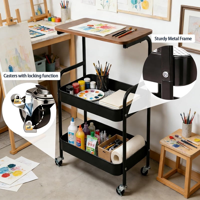 Howcool 3-Layer Metal Rolling Cart with Lockable Wheel, Kitchen Storage Rack with Wooden Desktop
