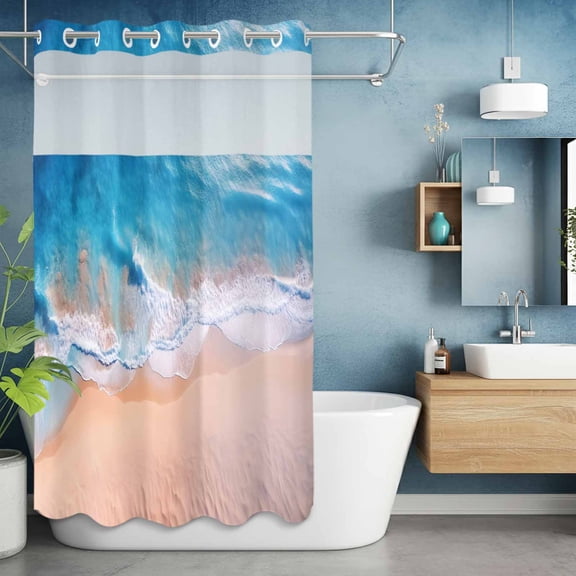 No Hook Shower Curtain with Snap in Liner, Abstract Ocean Coastal Beach Waterproof Bath Curtain Double Layers with See Through Top Window, Summer Blue White Sea Wave Painting Shower Curtains 36x72in