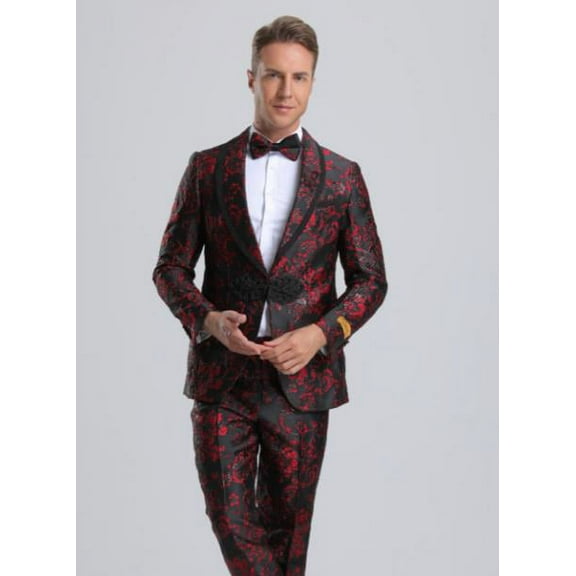 Paisley Suits - Wedding Tuxedo - Groom Red ~ Black Suit Matching Bowtie
