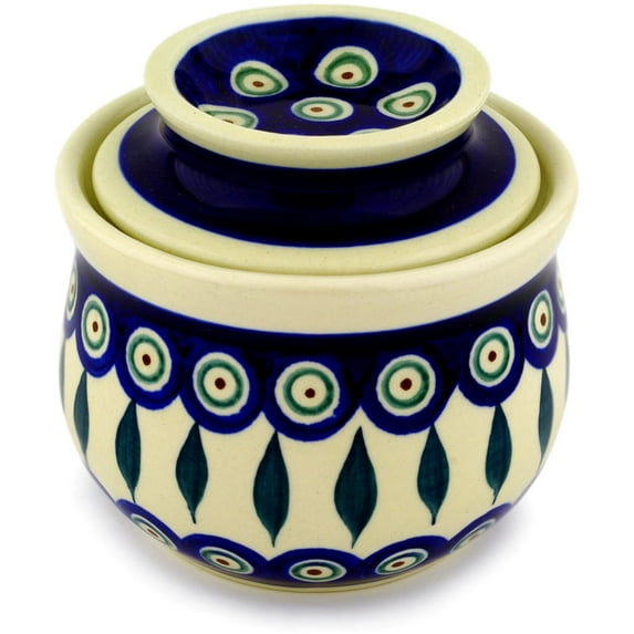 Polish Pottery 4½-inch Butter Dish (Peacock Leaves Theme) Hand Painted in Boleslawiec, Poland + Certificate of Authenticity