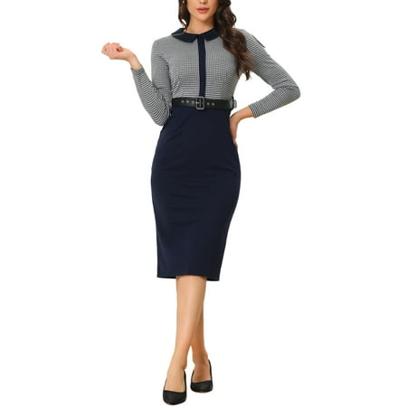 Allegra K Business Dress for Women's Contrast Placket Houndstooth Print Bodycon Dress with Belt
