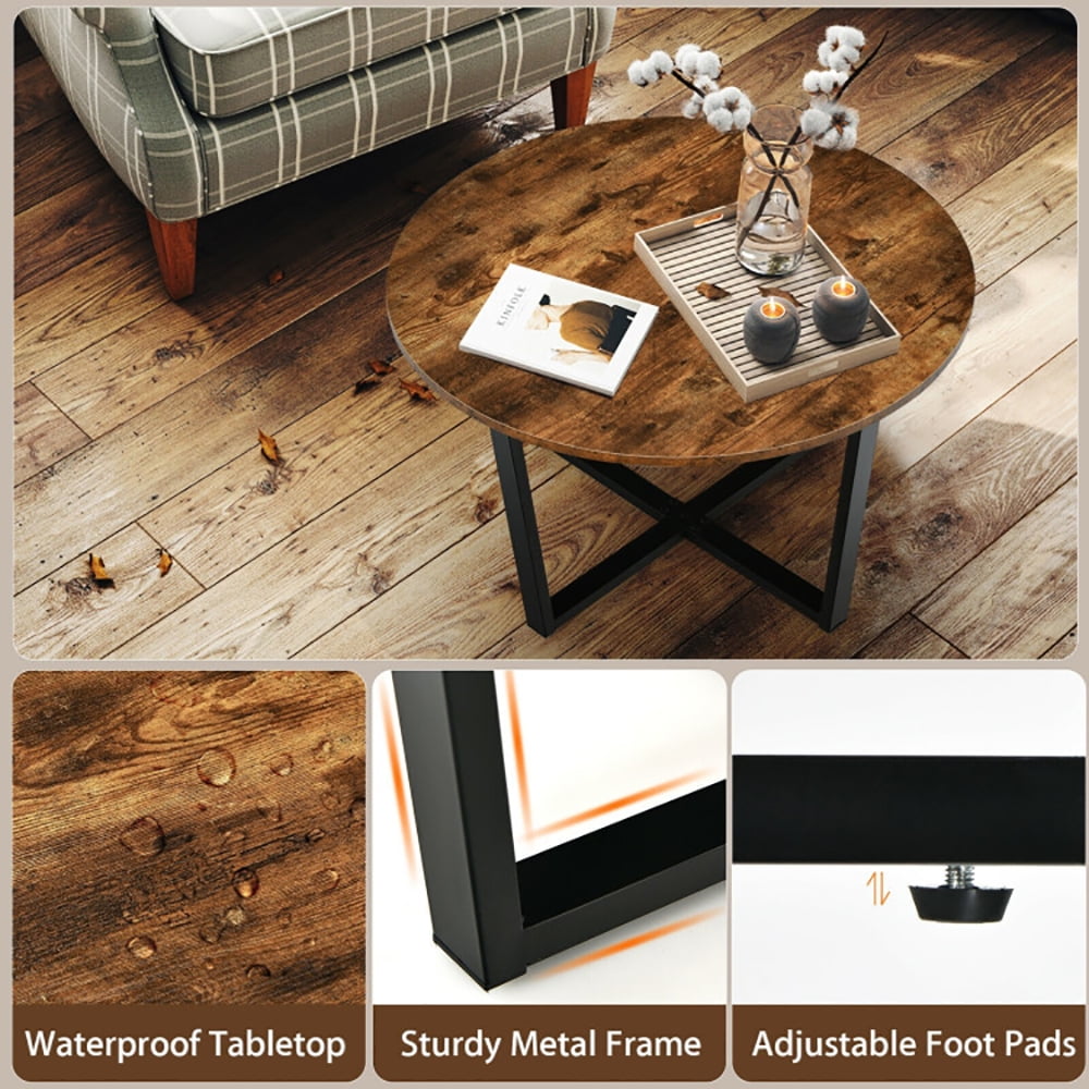 Finihen Round Coffee Table, Round Industrial Style Cocktail Side Coffee Table With Metal Frame, for Living Room, Reception Room, Brown Finihen Round Coffee Table, Round Industrial Style Cocktail Side Coffee Table With Metal Frame, for Living Room, Reception Room, Brown