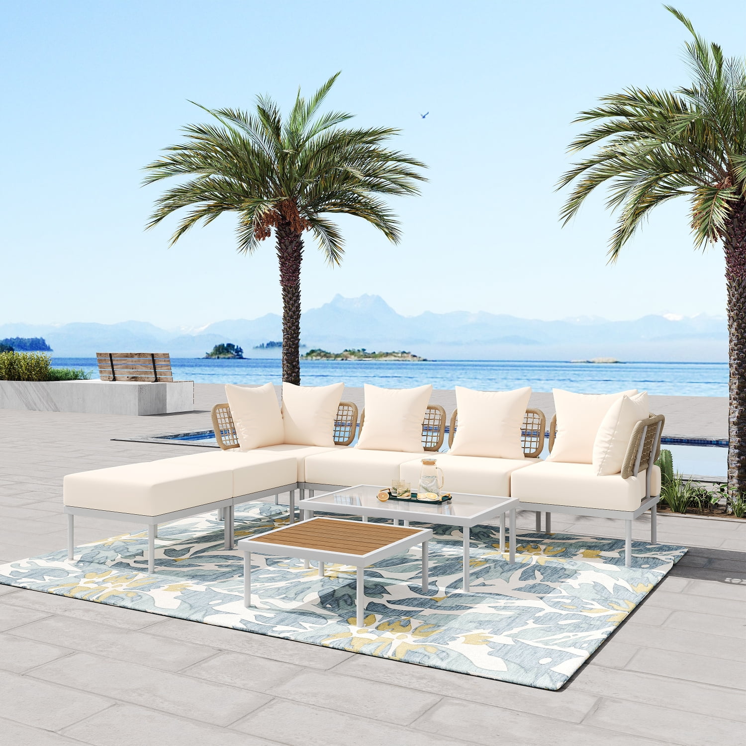 Harper & Bright Designs Outdoor Metal Conversation Furniture Set, 8 Pieces Patio L Shaped Sectional Sofa Set with Glass Coffee Table and Wooden Coffee Table for Garden Backyard and Poolside, Beige