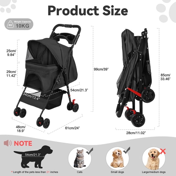 Porfeet 4 Wheels Pet Stroller, Foldable Cat And Dog Stroller with Mesh Windows, Cup Holder, Storage Basket, Breathable Pet Strolling Cart Holds up to 22lbs,Black