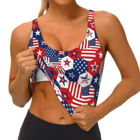 Qokaie American Stars2 Pattern Womens Scoop Neck Sports Bra Breathable Workout Vest Padded U Back Medium Impact Fitness Gym Yoga Bra Workout Crop Top