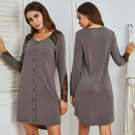 

Clearance!Ladies Nightgown Lace Comfortable Pajamas Solid Color Stitching Plus Size Nightgown
