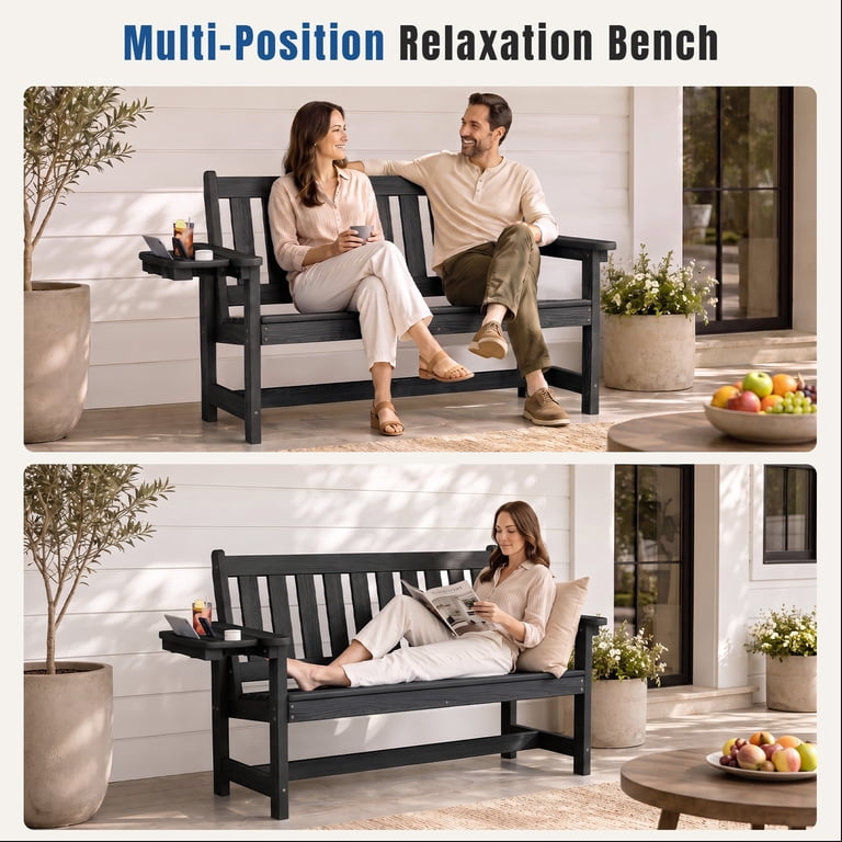 Loyalice 2-Person Outdoor Bench, Black with Fold-Out Tray photo 8