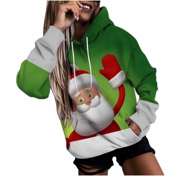 Suéter de cuello redondo con estampado 3D de manga larga para hombres y mujeres Suéter con capucha informal con elementos navideños Pompotops FGAJ18387
