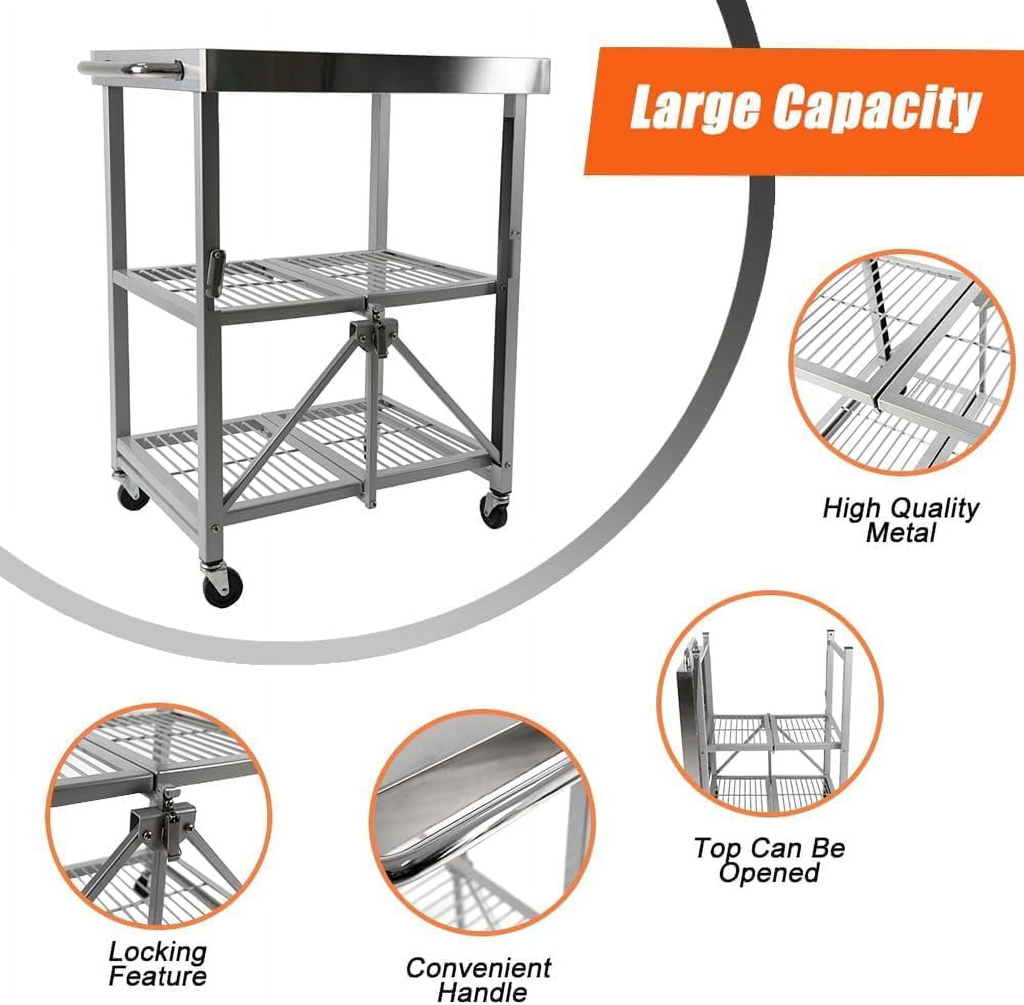 Stainless Steel Utility Cart with Wheels, 3 Tier Foldable Rolling Service Cart, Top Work Table Food Prep Table Kitchen Island for Restaurant, Dining Room, Hotel