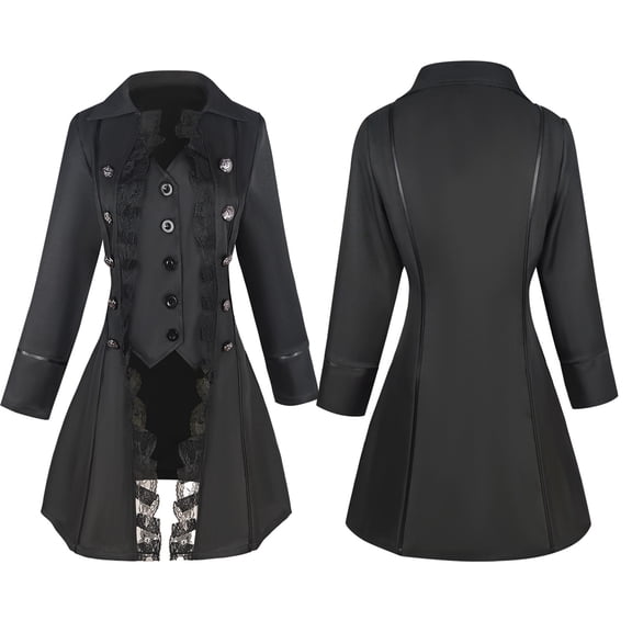 XUNKUSGA Women Gothic Steampunk Jacket Medieval Victorian Lace Trim Tailcoat Jacket Vintage Button Long Sleeve Turndown Collar Halloween Costume Jacket for Party,S