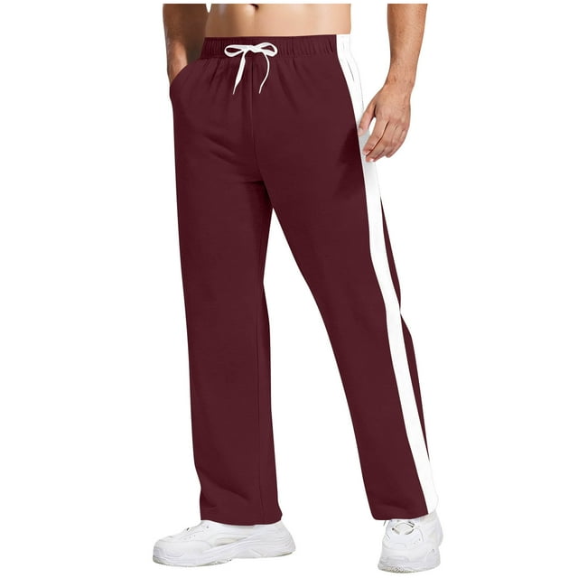 Men's Fleece Lined Striped Sweatpants - Open Bottom Athletic Gym Lounge Pants,Wine,Small