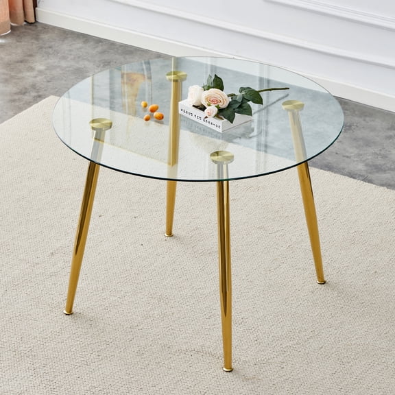 A glass tabletop with a diameter of 38.6 inches and a modern minimalist circular dining table with silver metal legs.Suitable for living rooms, and conference rooms.