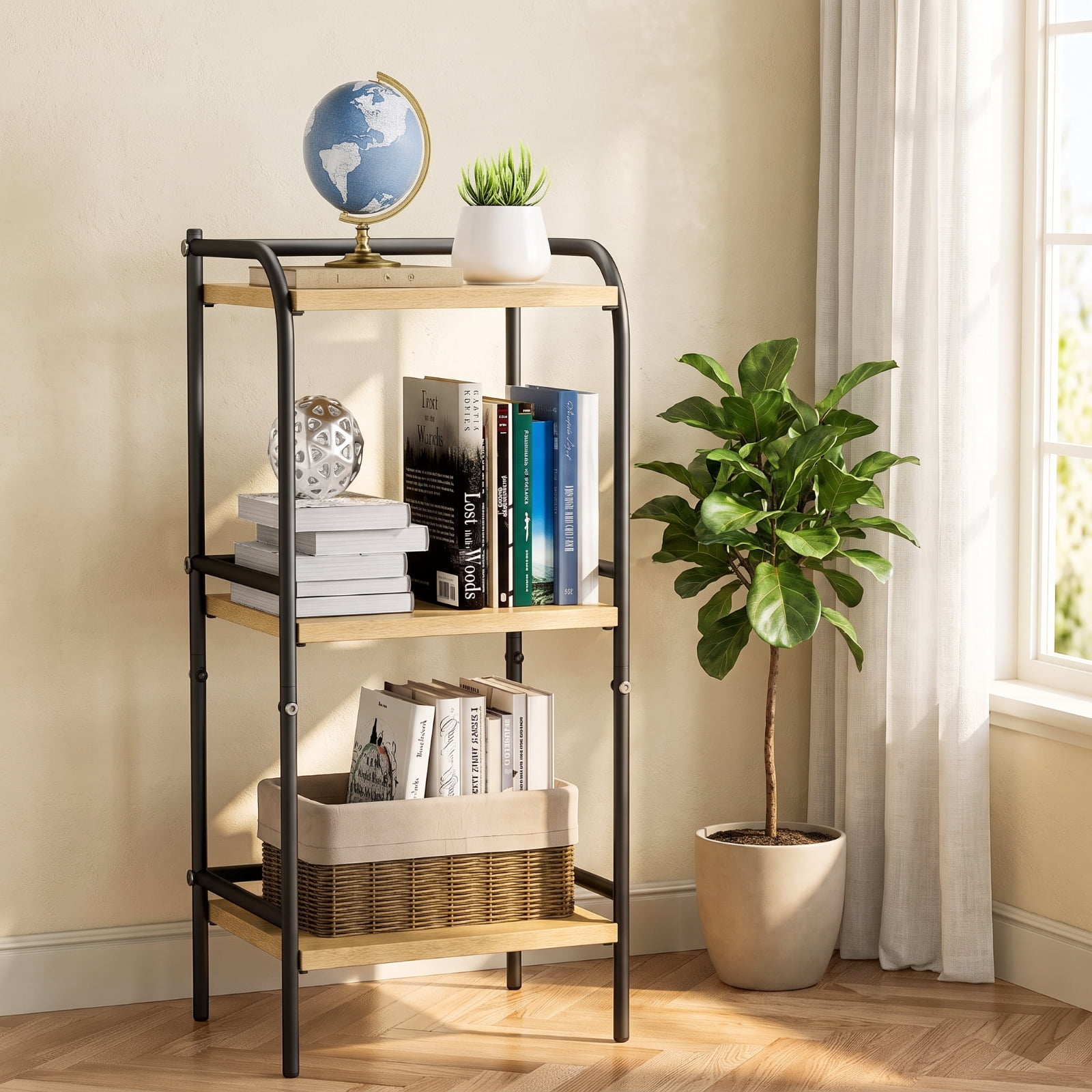 Fenbeli 3-Tier Industrial Bookshelf, Beige Wood and Black Metal Bookcase, Compact Storage Shelf for Living Room Office Kitchen and Small Spaces