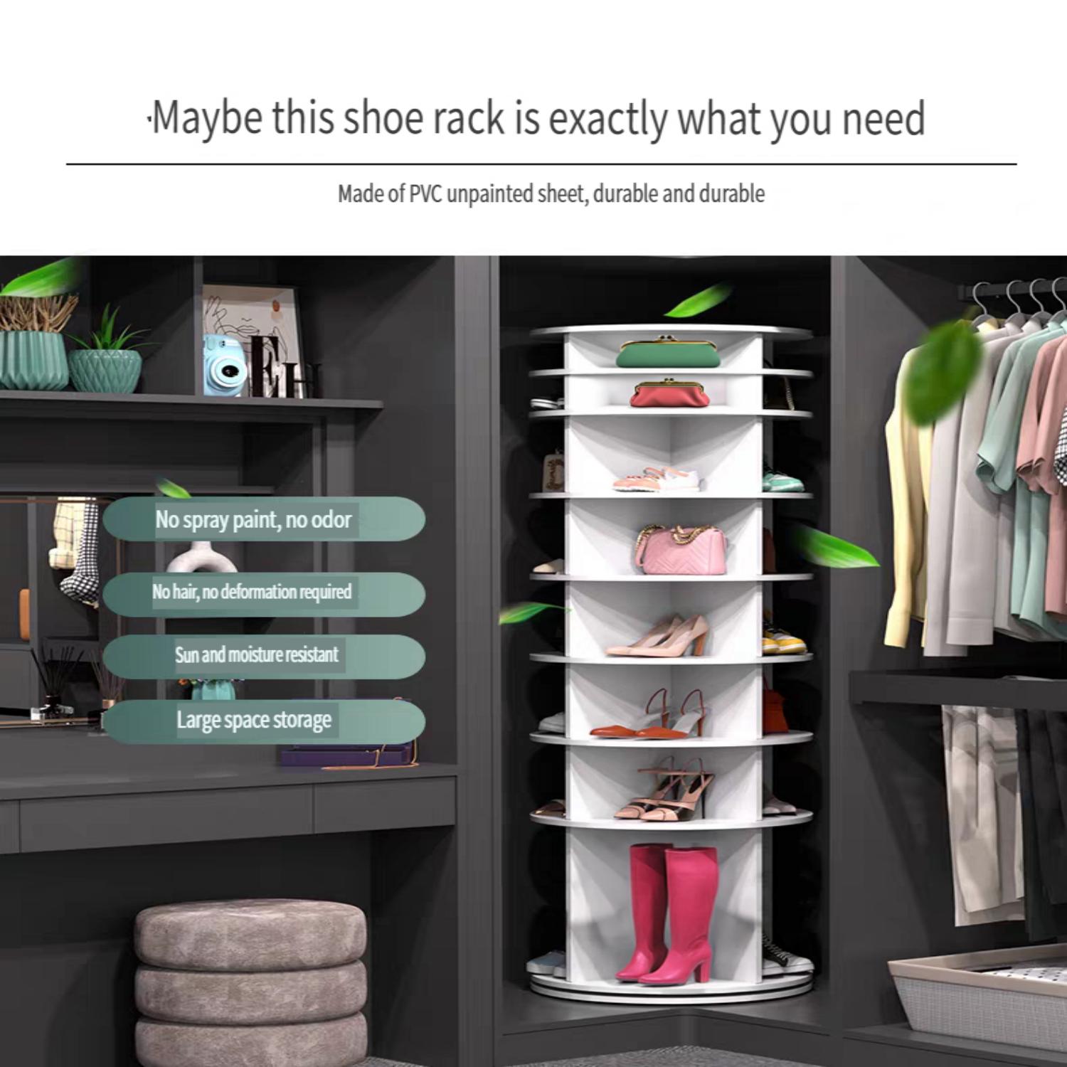 8-Tier 360° Rotating Shoe Rack Tower, White PVC Spinning Shoe Organizer for 28 Pairs, Corner Shoe Display Stand for Closet Entryway Bedroom