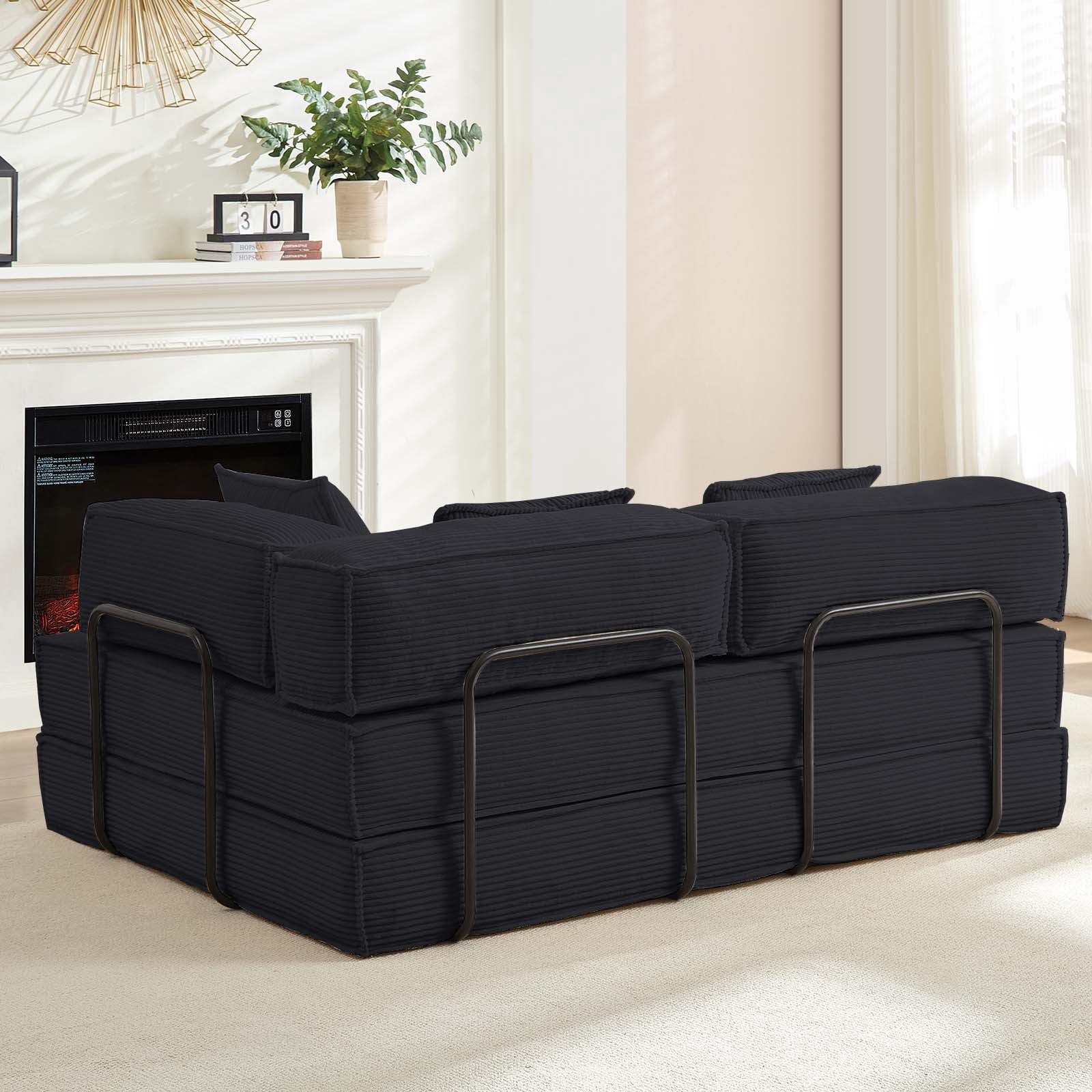 ZAFLY Convertible Sleeper Sofa Bed, Corduroy Boneless Couch with Removable Armrests, Floor Gaming Sofa for Living Room/Small Space, Gray