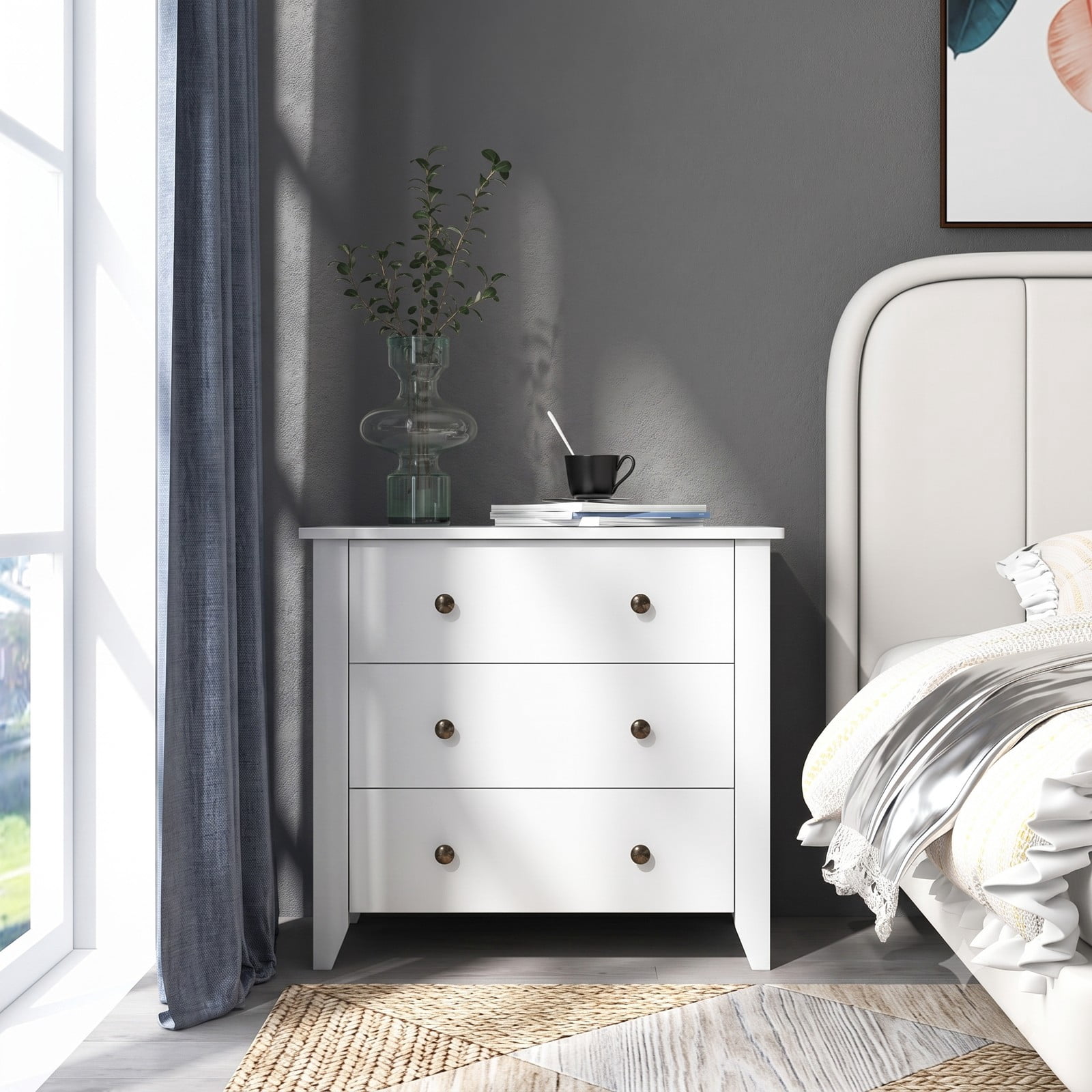Furnibear 3-Drawer Dresser Chest and Bedside Table with Mute Slide Guides and Antique Brass Knobs for Bedroom and Entryway, White