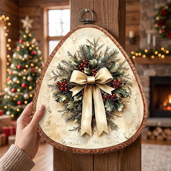 Vintage Christmas Wreath Wall Art Decor Framed,Rustic Christmas Canvas Prints, Moody Farmhouse Xmas Oval Wall Hanging Artwork Decorations for Home Bedroom Living Room