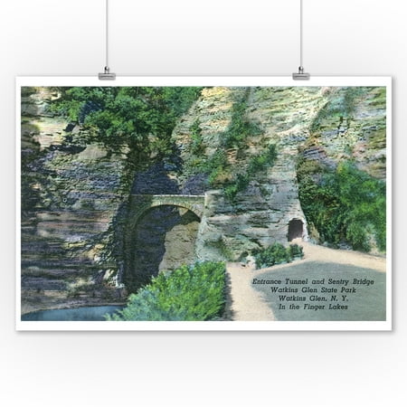 State Park Entrance - Watkins Glen, New York - State Park Entrance Tunnel and Sentry Bridge View (9x12 Art Print, Wall Decor Travel Poster)