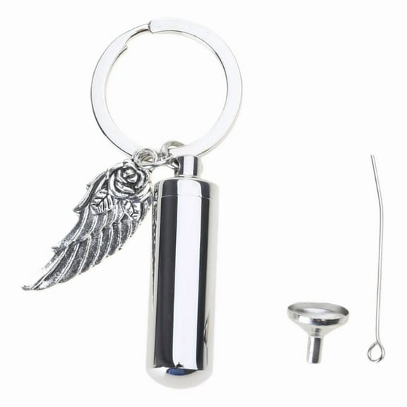 Cylinder Cremation Urn Keychain for Ashes Memorial Keepsake Pendant with Angel Wing Stainless Steel Remembrance Jewelry