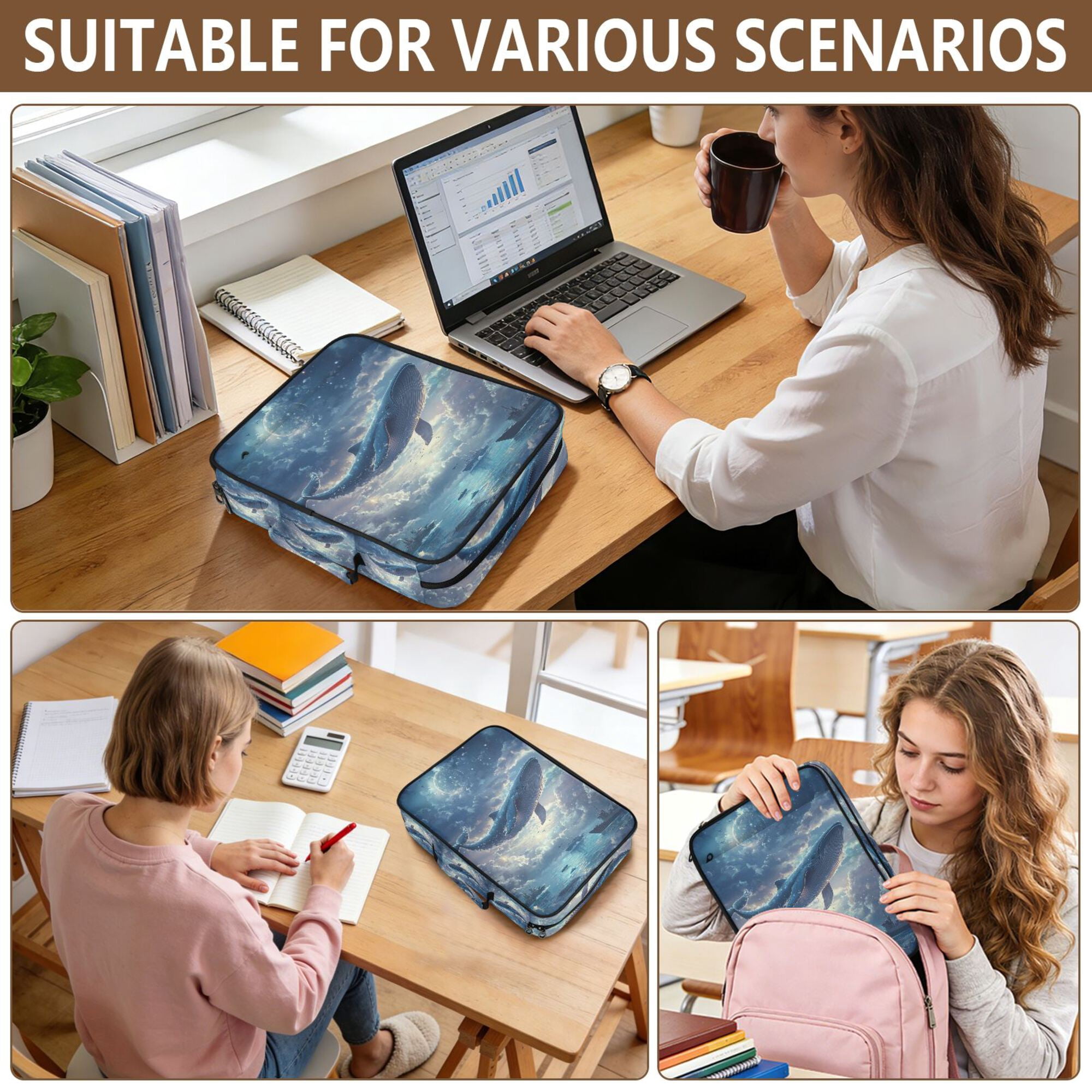 FORMRS Accordion File Folder A4 Size 7-Pocket Expanding Document Organizer Bag with 3 Ring Binder, Night Floating Whale