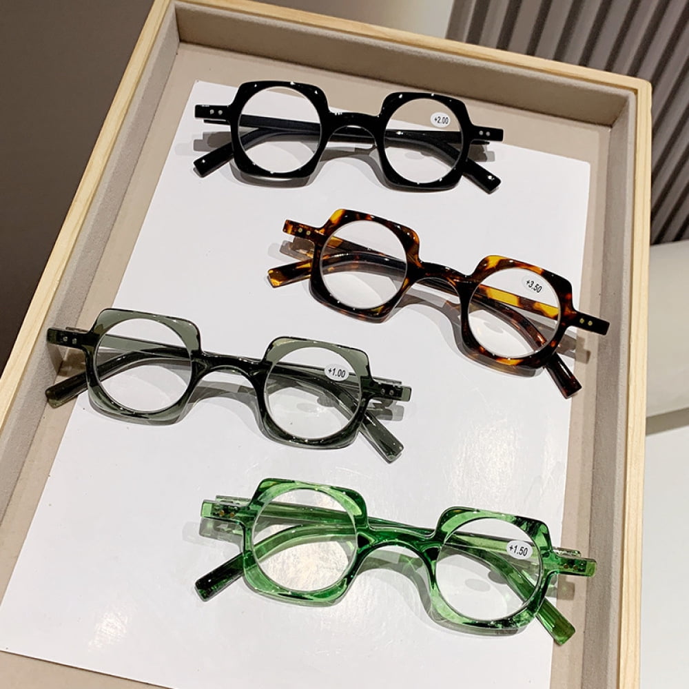 4 Pairs of Personality Retro Featured Reading Glasses 3.00 Square 40mm Round Plastic Blue Light Blocking Readers +3.00