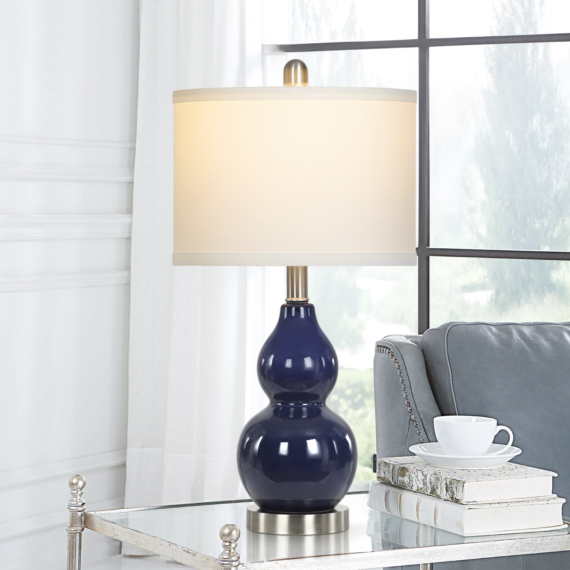 Cinkeda Coastal Double Gourd Ceramic Table Lamp Set of 2 for Living Room Bedroom 22" Nautical Blue Bedside Nightstand Lamp with White Shade