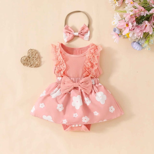 TopLLC Rompers Infant Girls' Strip Cotton Lace Open Top With Dress Knot Bow Hairband Two Piece Set Kid Rompers