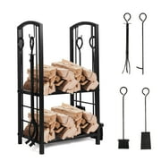 JLK-tek Firewood Rack with 4 Fireplace Tools - Iron Fire Log Holder Storage Set Includes Brush, Shovel, Poker, and Tongs, 15.7 x 11.8 x 28.1 inches, for Indoor / Outdoor