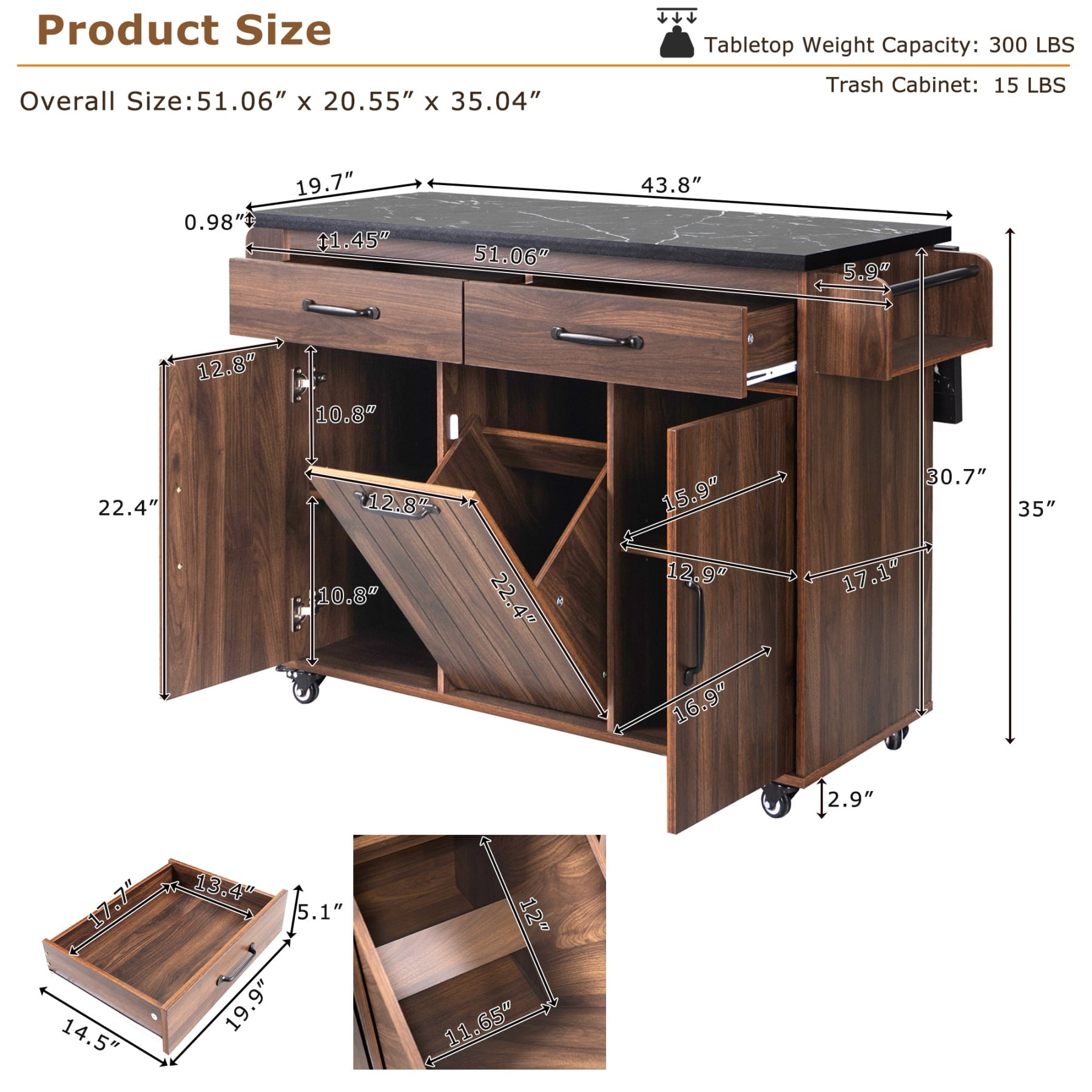 Alvantor Kitchen Island Carts with Trash Can, Rolling Buffet Cabinet with Drop Leaf,Spice Rack and Towel Rack for Dining Room Living Room Walnut