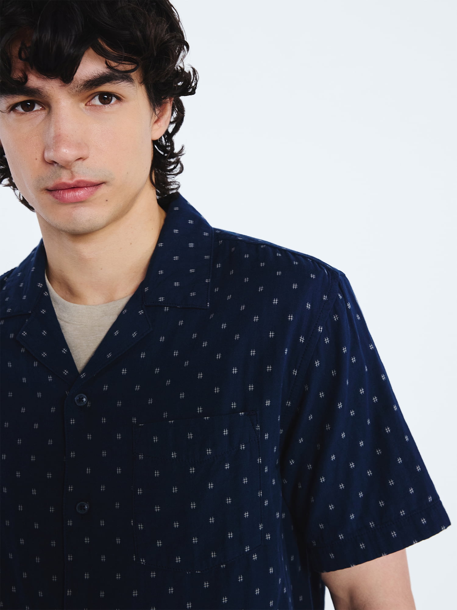 Free Assembly Men's Double Cloth Cotton Camp Shirt with Short Sleeves, Sizes S-3XL