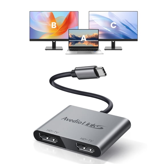 avedio links USB-C to Dual HDMI Adapter, Type C to HDMI Splitter for Dual Monitors, 4K@60Hz for 1 Display, 4K@30Hz for 2 Displays, MST (Extend Different Screens) Mode for Windows (Not for Mac OS)