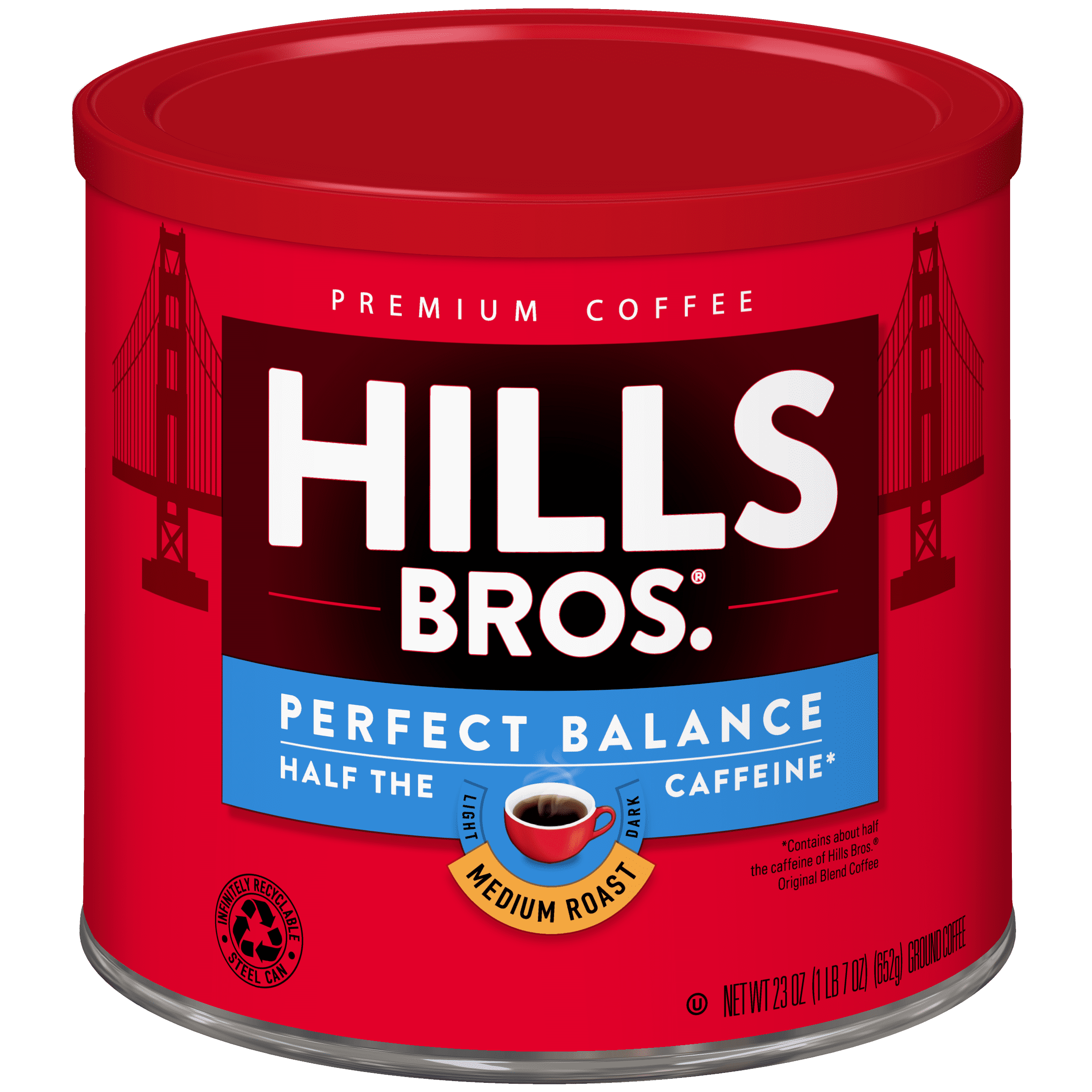 Hills Bros. Ground Coffee, Perfect Balance Medium Roast, Half-Caffeine, 23 oz