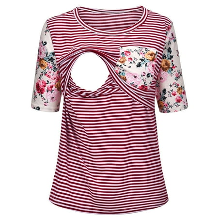 

nsendm Women Maternity Summer Short Sleeve Tops For Breastfeeding Pregnancy Summer Outfits Women over 40 over 50 Fashion Tips Shirt Red Large