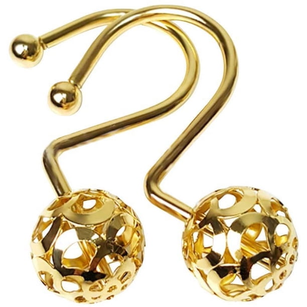 Ganchos para cortina de ducha dorados, juego de 12 ganchos decorativos de latón para cortina de ducha, anillos para colgar cortinas de baño a prueba de óxido de metal brillante con diseño