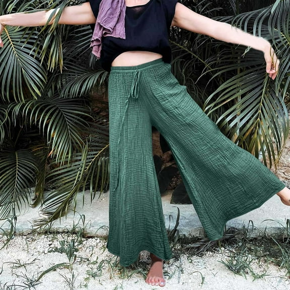 Wycnly on Sale Pants for Women Womens Palazzo Pants Casual Drawstring Elastic Waist Loose Wide Leg Trousers Lightweight Linen Solid Yoga Flared Long Pants