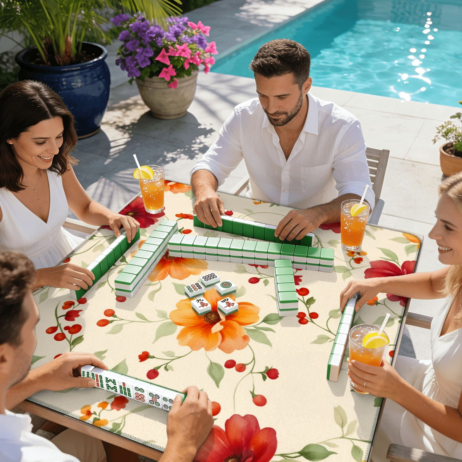 Mahjong Mat 31.5" x 31.5" Vintage Floral Orange Red Flowers Beige Non-Slip Noise Reduction American Mahjong Tiles Table Cover for Dominoes Poker Card Board Games Gift