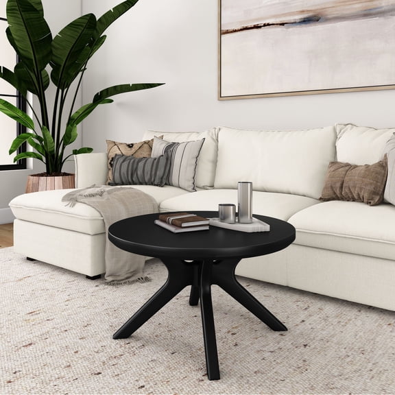 Plank Beam Cross Leg Modern Coffee Table, 30" Solid Wood Tables for Living Room, Round Center Table
