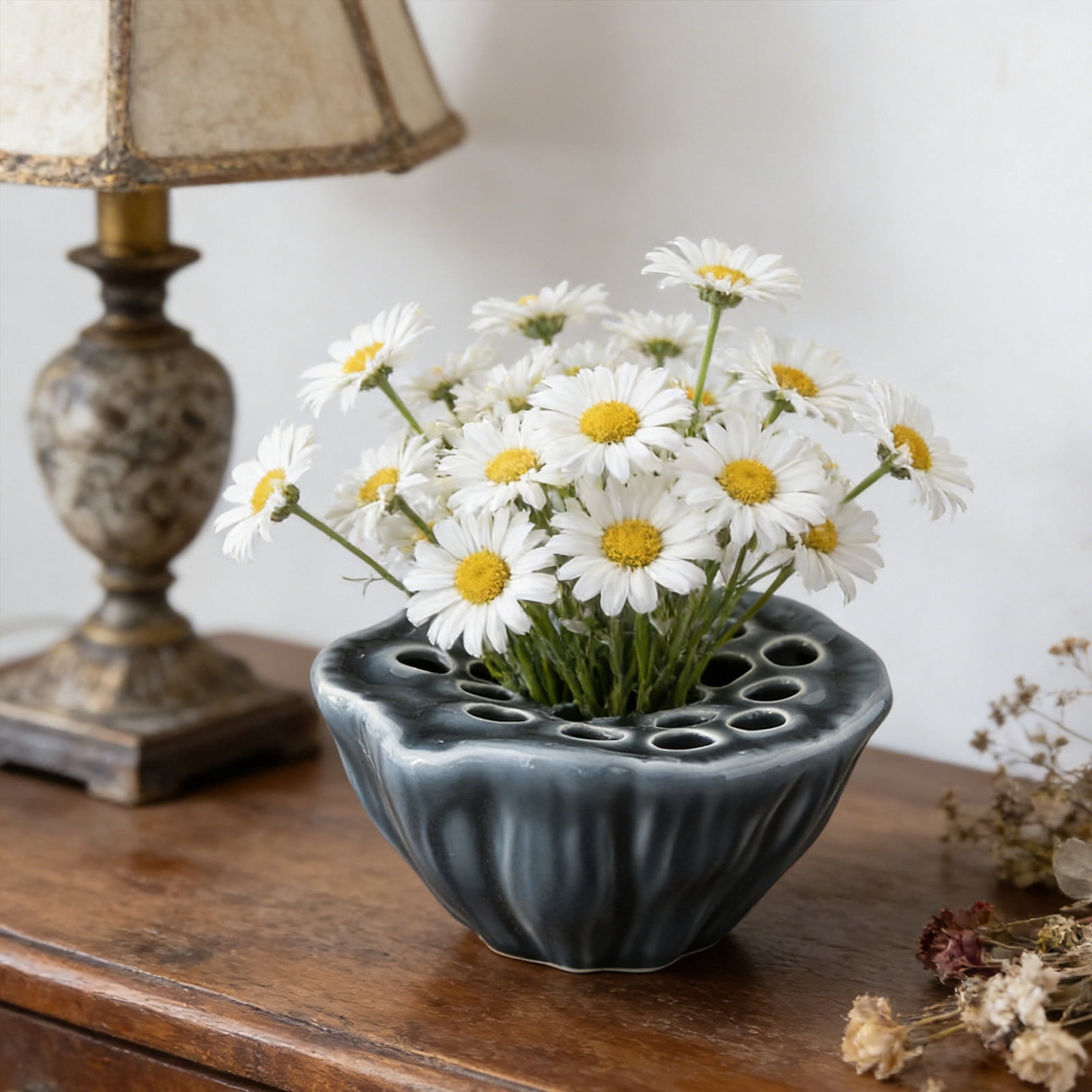 Ceramic Lotus Pod Vase Chinese Style Flower Arrangement For Dried Fresh Hydroponic Plants Tea Table Decor Blue