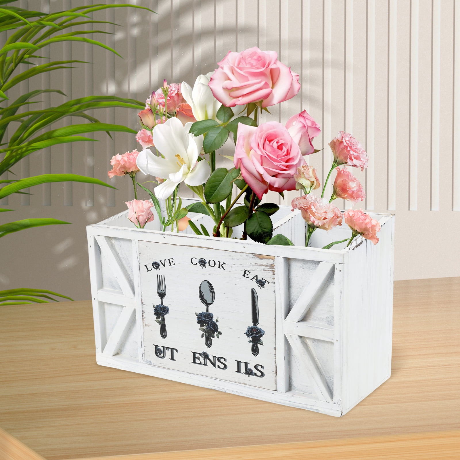 Tzdxfgl Wood Kitchen Utensil Holder for Countertop, Silverware Organizer with 3 Compartments, Large, White