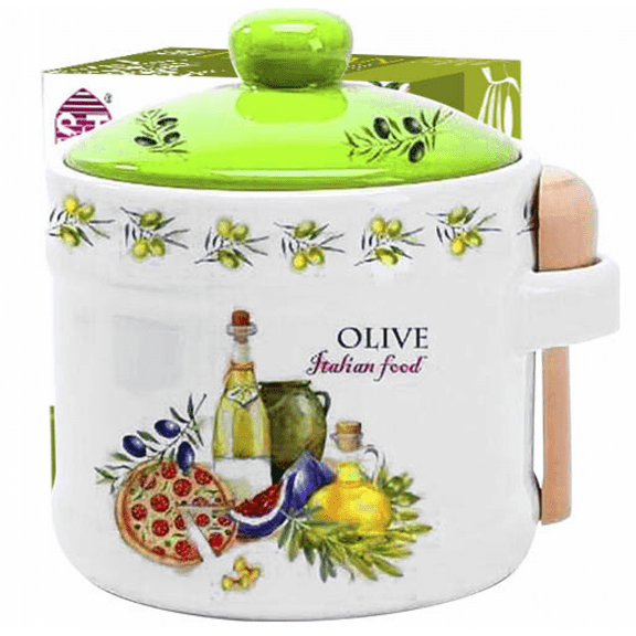 Ceramic Sugar Bowl / Honey Jar with Wooden Spoon, 420 ml, White/Green