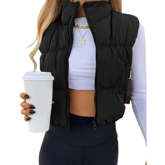 PUWEI Women's Cropped Puffer Vest Zip-up Stand Collar Padded Gilet Sleeveless Outwear with Pockets