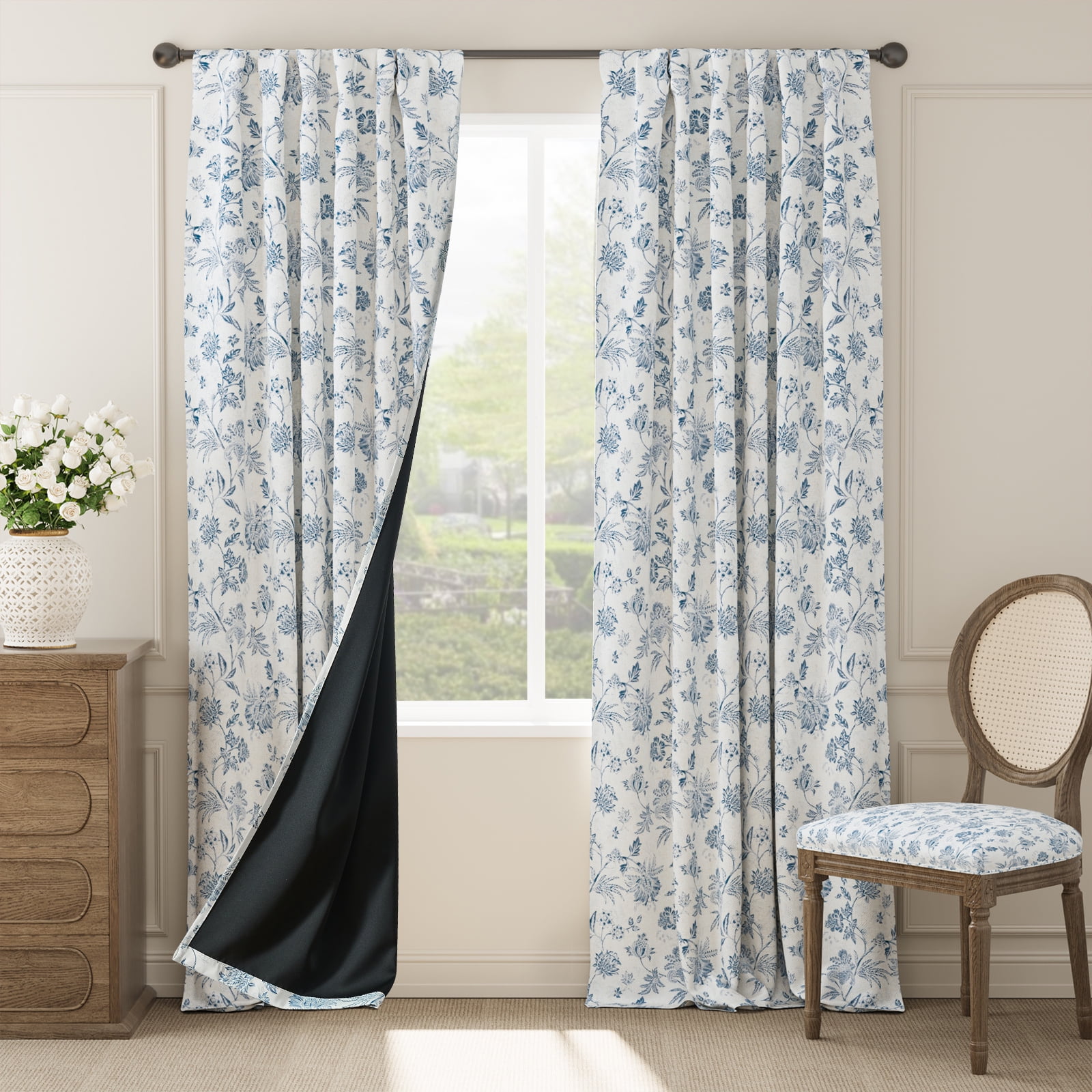 Curtainking Luxury Look Farmhouse Blue Floral Print Rod Pocket Blackout Curtains, 96" (2 Panels)
