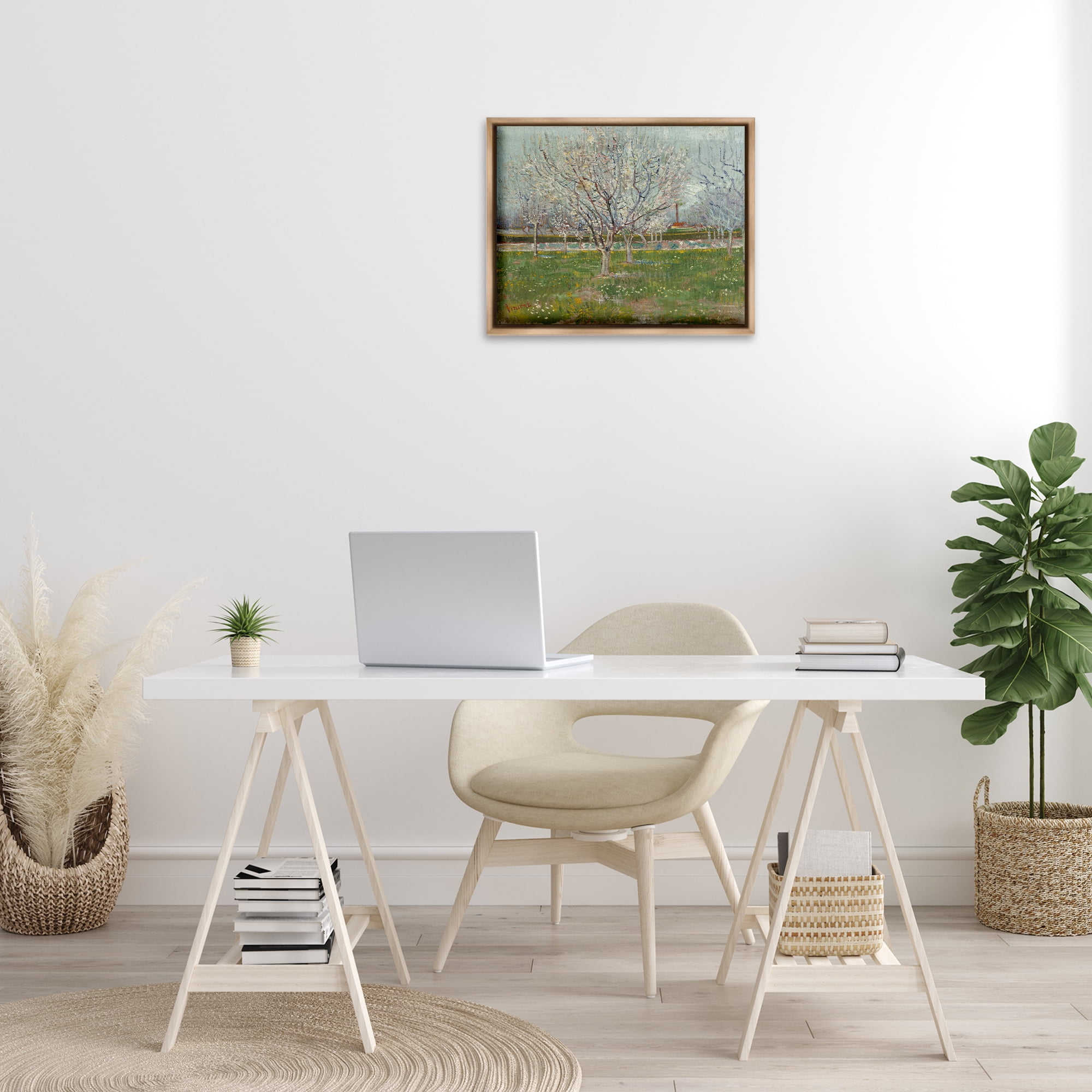 Stupell Industries Van Gogh Orchard in Blossom Landscape & Nature Painting Brown Floater Framed Canvas Art Print Wall Art, 21 x 17