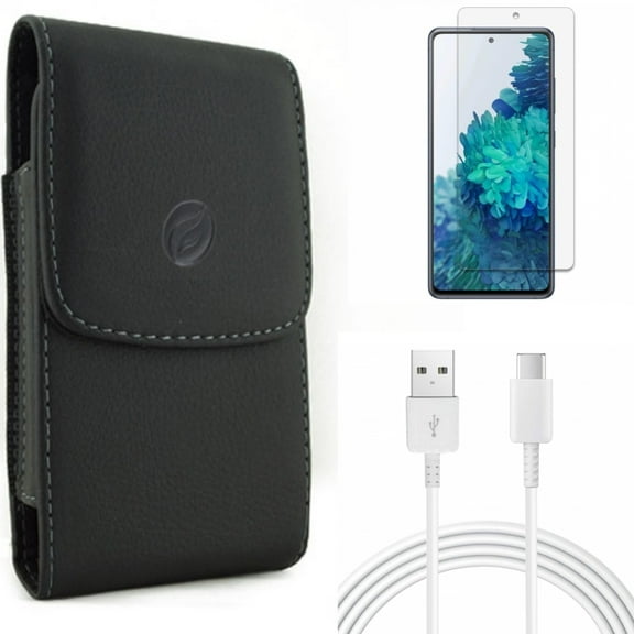 10ft USB-C Cable & Screen Protector & Case Belt Clip for Samsung Galaxy S20 Fan Edition - Type-C Charger Cord   Anti-Glare Tempered Glass   Leather Holster Combo