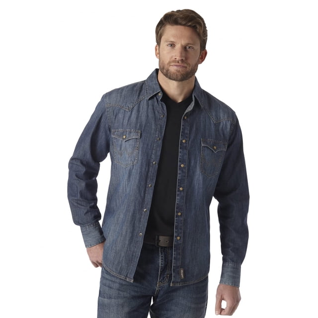 Camisa Wrangler, estilo retro, manga larga, manga larga, vaquera azul