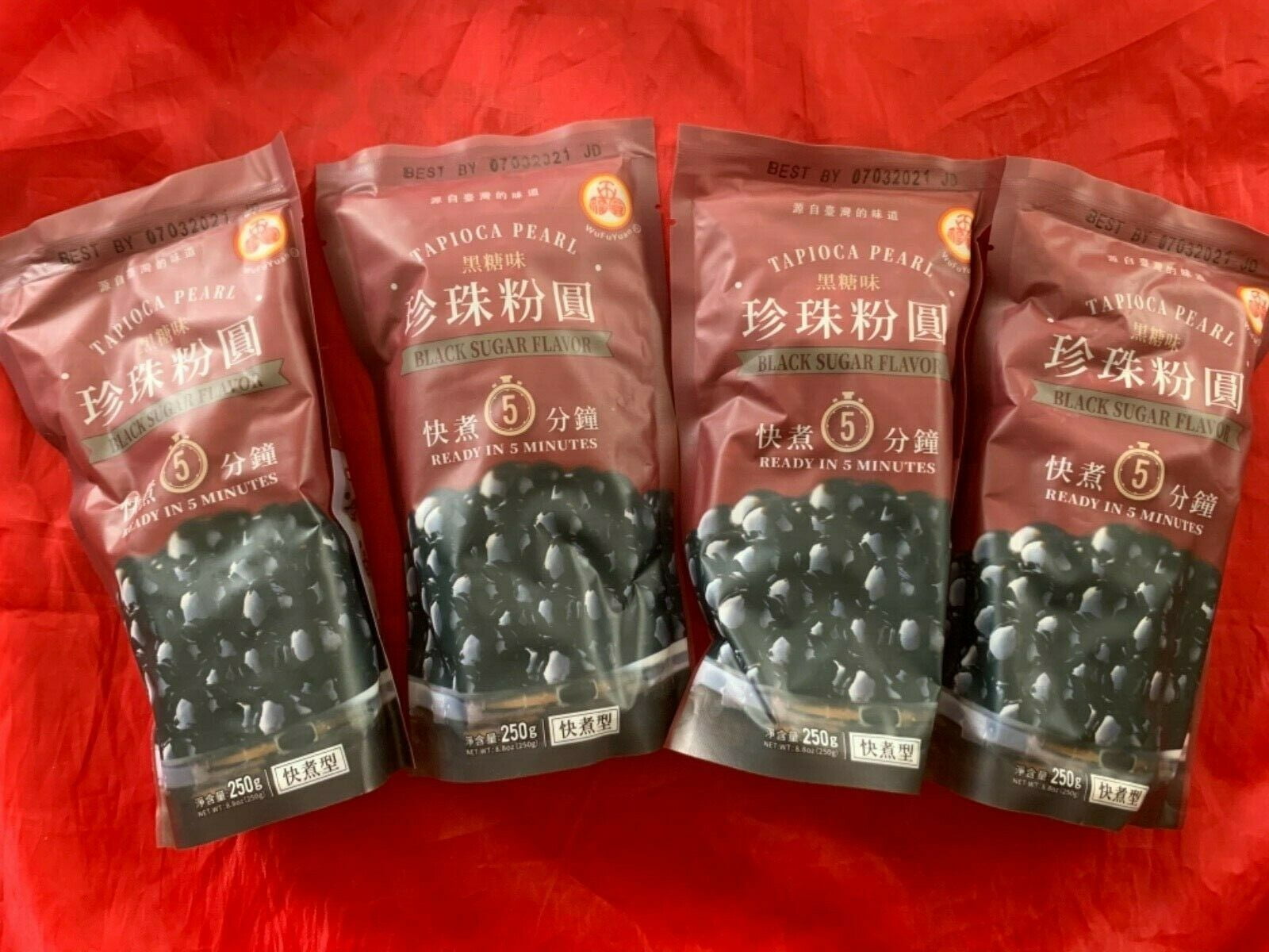 WuFuYuan 4 Packs Tapioca Pearl for Boba Bubble Tea Black 8.8 Oz / 250